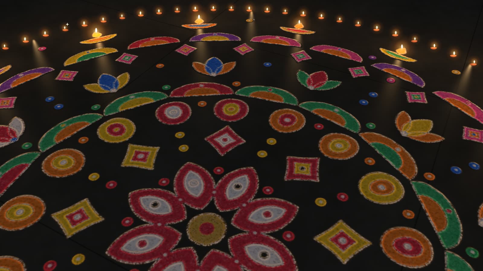 Close-up of coloured powder petals and lit diyas on a dark stone floor