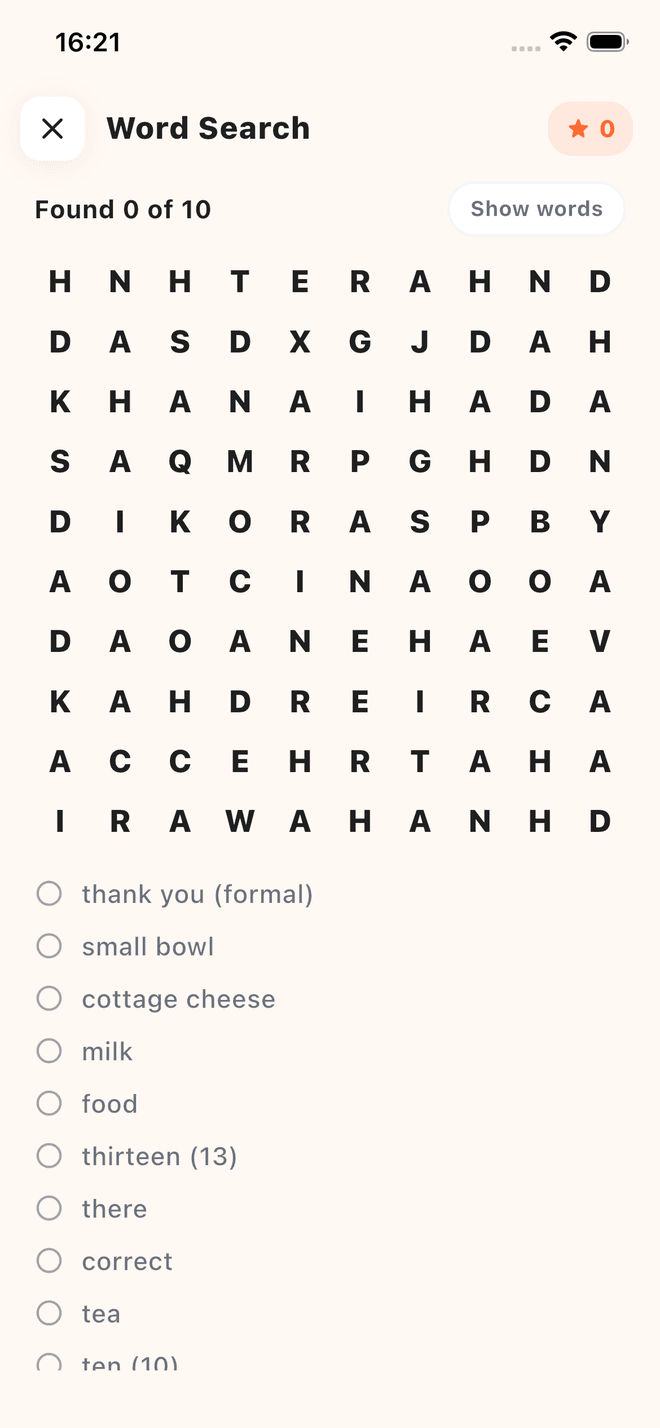 A word search built from learned words