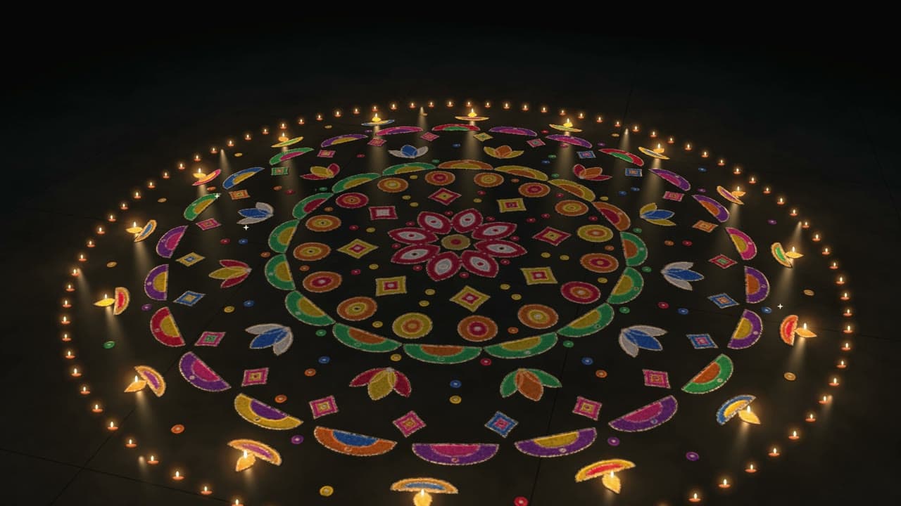 A powder rangoli lit by diyas at night